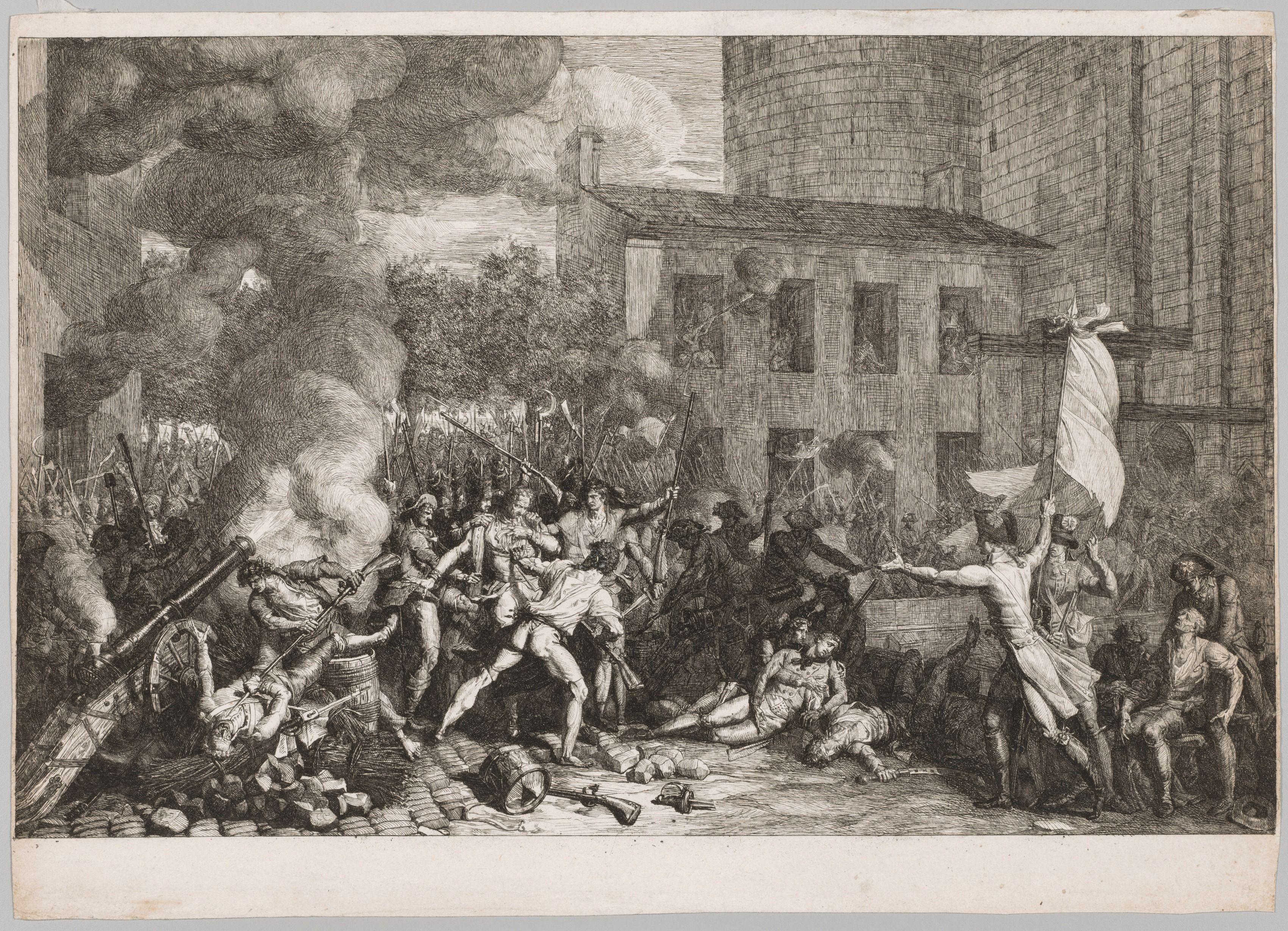 A black-and-white etching of urban warfare, showing a large crowd of soldiers storming and shotting cannons at a stone tower and a small building attached to it.