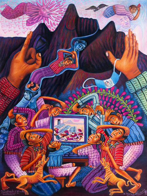 A painting depicting a group of individuals who appear distressed, looking at a computer screen. A set of disembodied hands reach above them and point to mountains in the background. One of the hands has a medical mask with the Guatemalan flag hanging from it's thumb. Various abstract figures fill the sky.