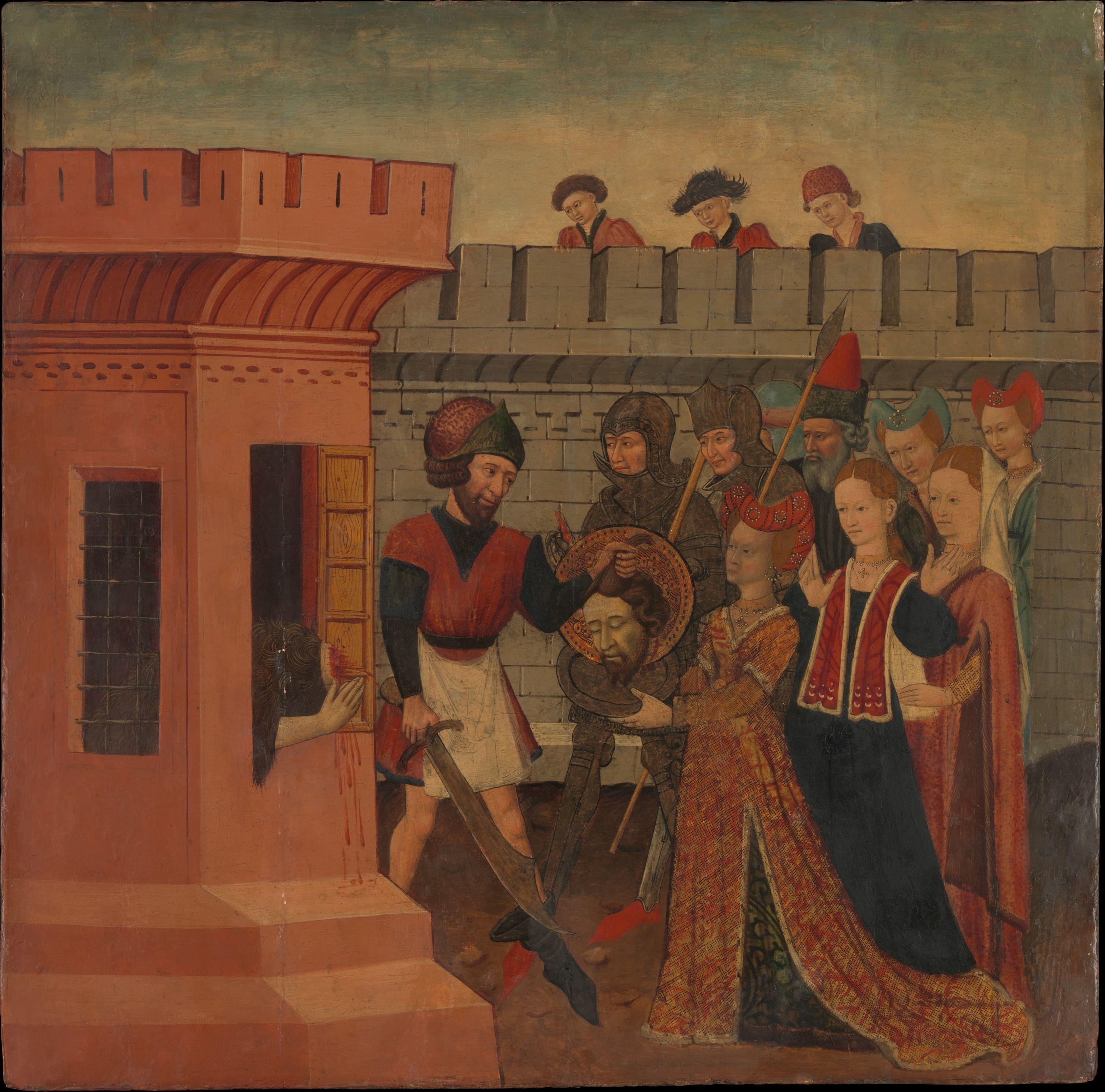 A painting depicting an executioner holding the severed head of another man, and handing it to a fancily-dressed woman. A crowd of onlookers views this event.