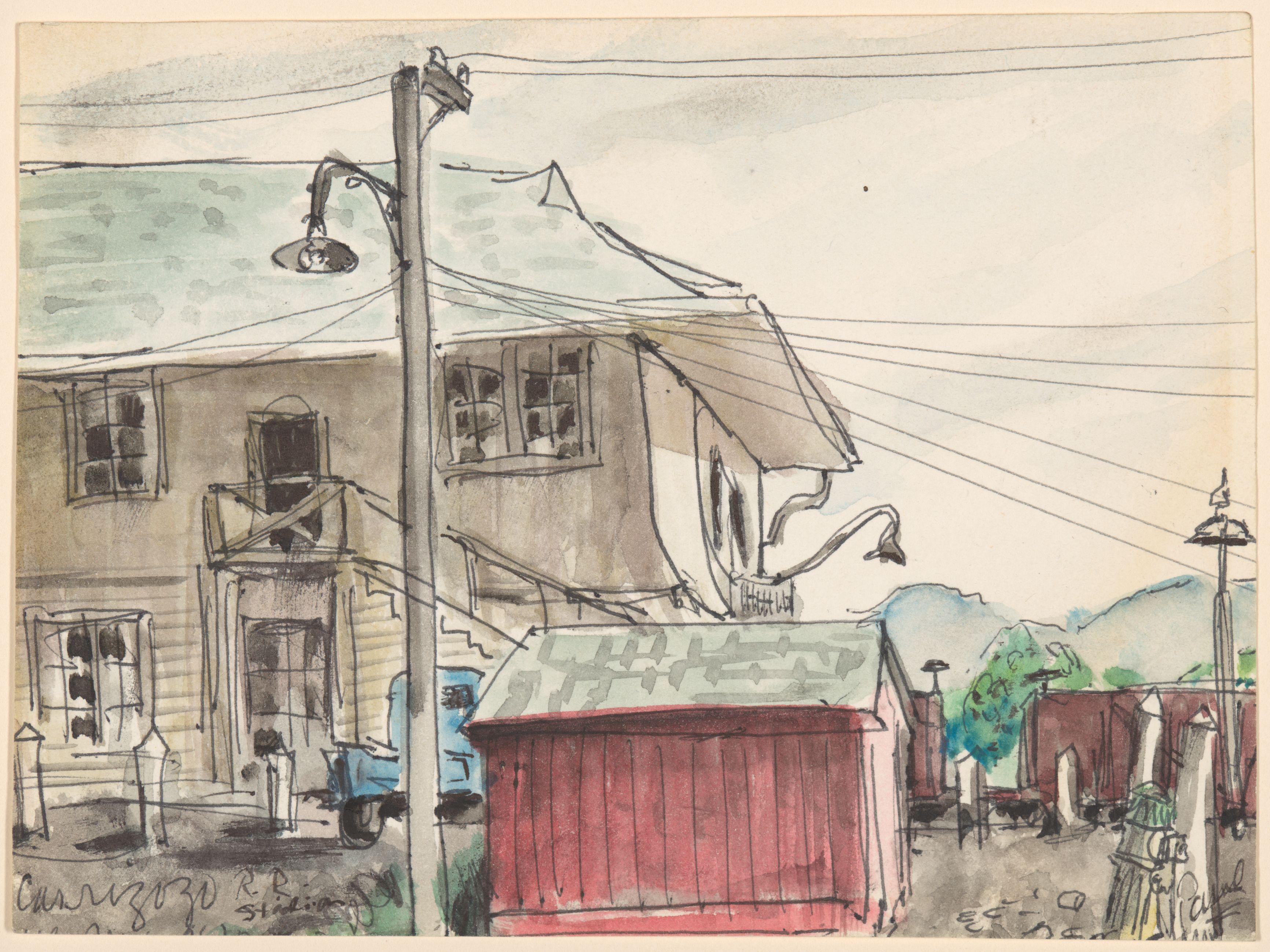 A watercolor and pen drawing of a railroad station in New Mexico. Depicted is the station, a train, a blue truck, and a small shed.