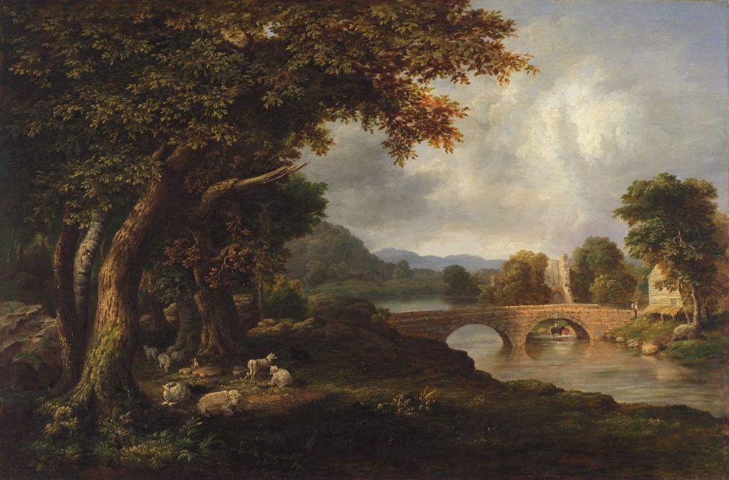 A painting depicting a rural landscape in early America. Pictured is a river, forest, bridge, animals, and a house.
